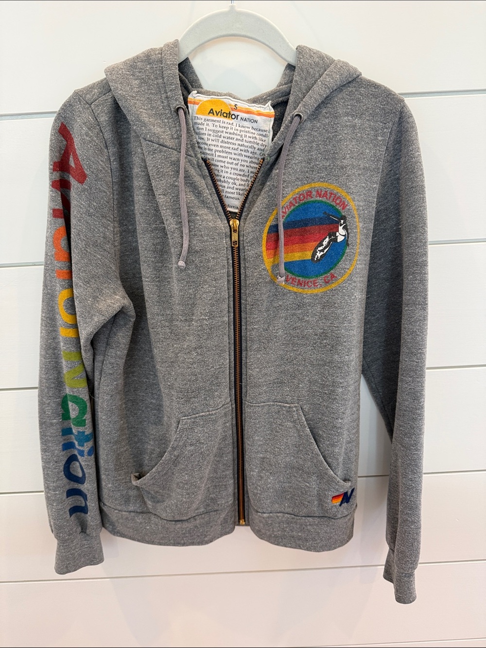 Aviator Nation Kids Gray Zip Hoodie with Rainbow Sleeve Logo